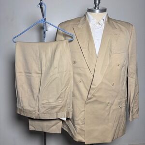 Franco Tassi Suit‎ Mens 50L W41 L29 Tan Solid Wool Double Breasted Peak Lapel